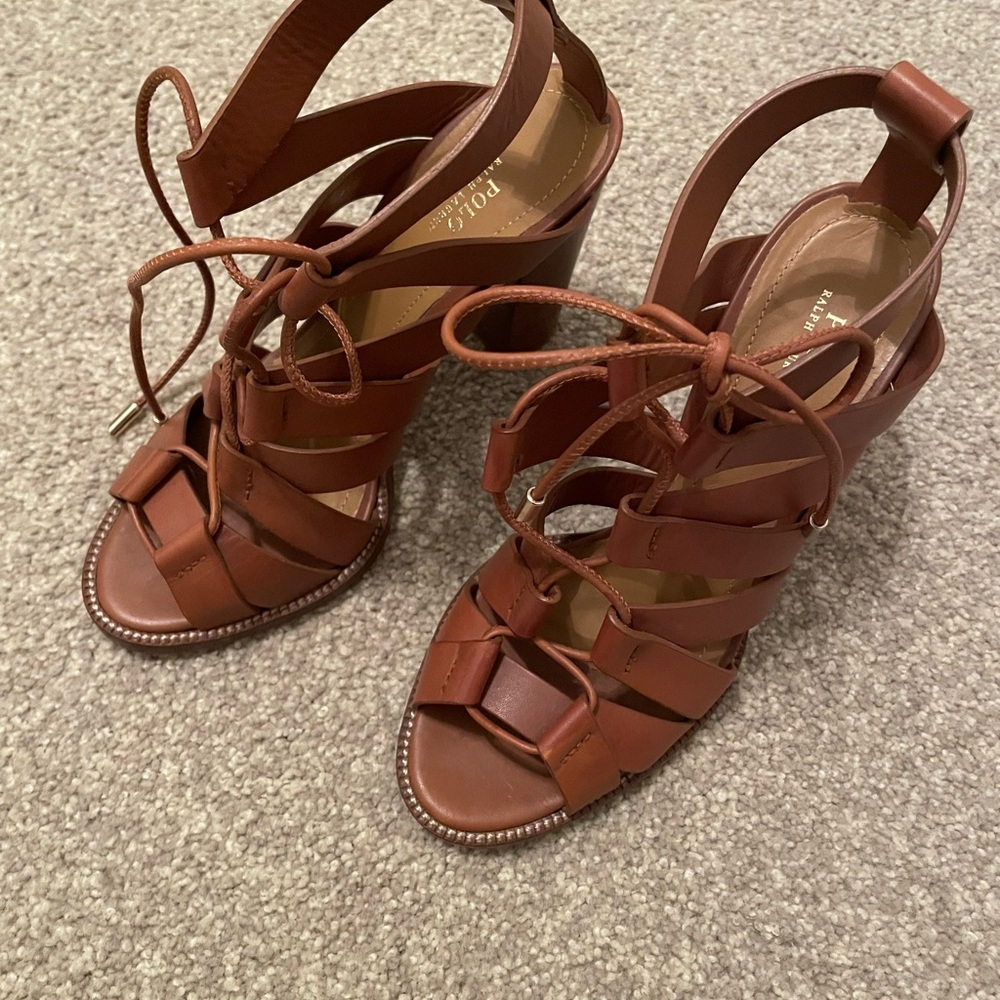 Polo by Ralph Lauren Tan Leather Lace Up Block Heels